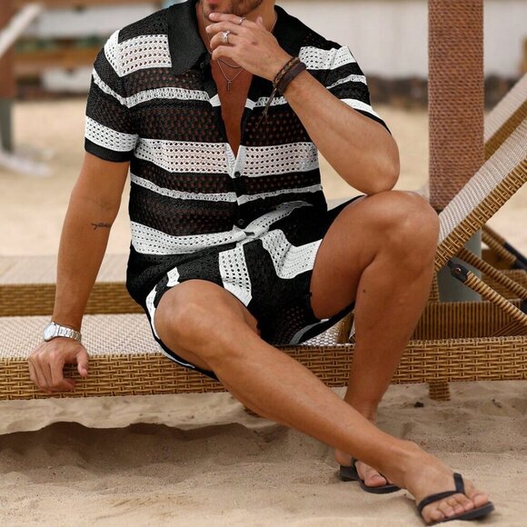 Black And White Casual Men's Hollowout Striped Crochet Knit Two-Piece Set - Picture 5 of 7